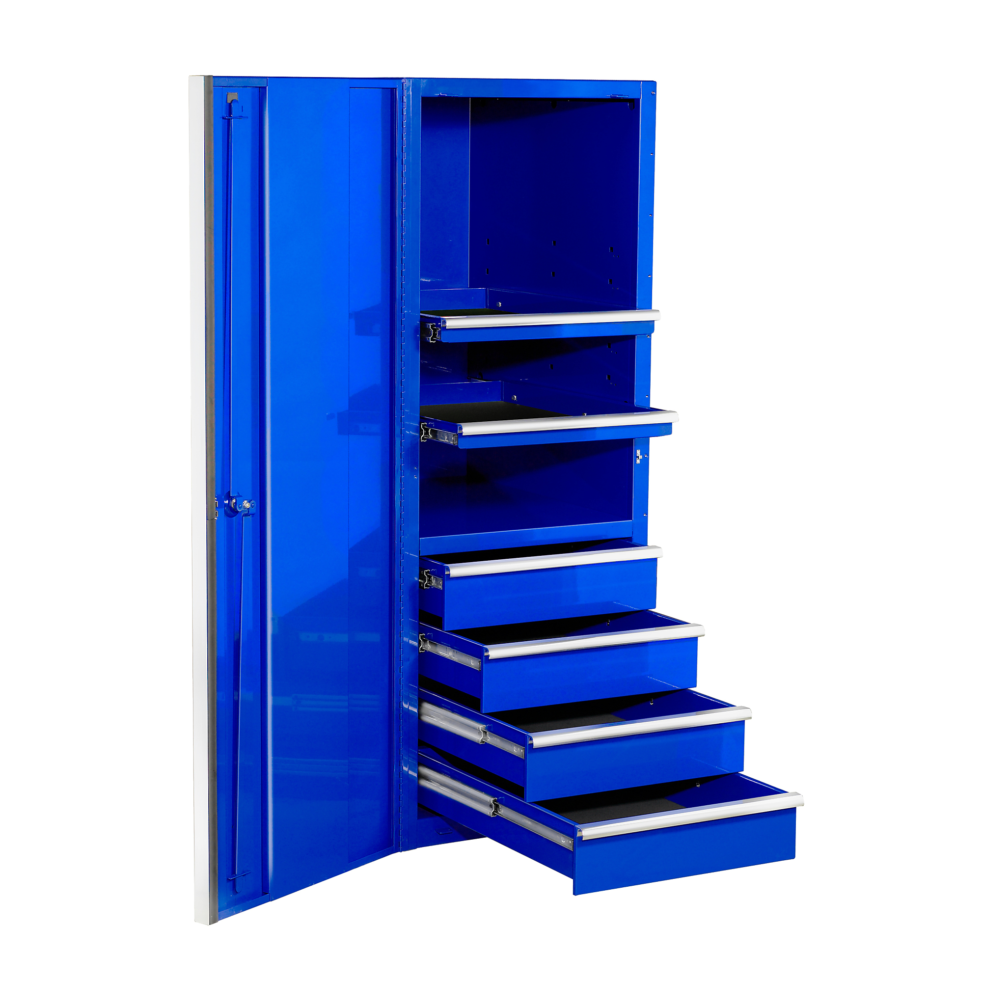 Extreme Tools EX Professional Series Side Cabinet - 4 Drawers, 3 Shelves, 24in.W x 30.88in.D x 63.38in.H, 1800-Lb. Capacity, Blue/Chrome, Model# EX2404SCQBLCR